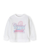 Girls crew neck sweatshirt in cream with decorative tennis print, front view.
