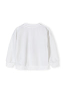 Back view of a girls' cream fleece crew neck sweatshirt with ribbed cuffs and hem.