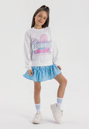 Girls cream fleece crew neck sweatshirt with long sleeves and ribbed cuffs, featuring a decorative print.