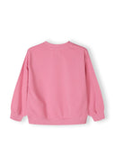 Back view of a pink girls fleece crew neck sweatshirt with ribbed cuffs and hem.