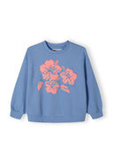 Girls blue fleece crew neck sweatshirt with decorative floral print, front view.