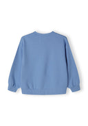 Back view of a blue girls fleece crew neck sweatshirt with ribbed cuffs and hem.