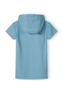 Girls short sleeve hooded dress in light blue, back view with a hood.