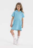 Girls short sleeve hooded dress in light blue with kangaroo pocket and NYC graphic.