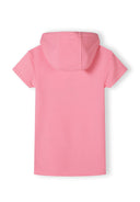 Back view of a girls pink fleece hooded dress with short sleeves.