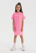 Girls pink fleece hooded dress, short sleeves, kangaroo pocket, front view.