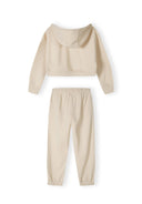 Cropped beige hoodie with attached hood and matching joggers, back view.
