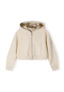 Cropped beige hoodie with front zip and attached hood, ribbed cuffs and hem.