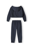 Girls cropped zip-through hoodie and jogger set in dark grey, back view, featuring a hood and elasticated waistband.