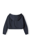 Cropped grey hoodie with a hood, back view, featuring ribbed hem.