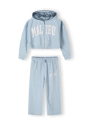 Cropped zip-through hoodie and wide leg jogger set in blue, featuring front print and kangaroo pocket.
