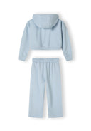 Cropped zip-through hoodie and wide leg joggers set, blue, back view, features hood and elasticated waistband.