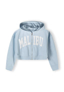 Cropped zip-through hoodie in light blue with front print and kangaroo pocket.