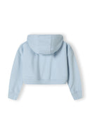 Back view of a cropped blue hoodie with a hood and ribbed hem.