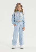 Cropped zip-through hoodie and wide leg jogger set in blue, featuring a kangaroo pocket and elasticated waistband.