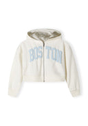 Cropped zip-through hoodie in cream with 'BOSTON' print and kangaroo pocket.