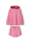 Pink girls hoodie and shorts set, front view, features ribbed cuffs and two pockets.