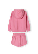 Girls pink hoodie and shorts set, back view, features ribbed cuffs and elasticated waistband.