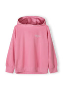 Pink girls hoodie with a printed design, front view, featuring ribbed cuffs and hem.