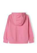 Back view of a pink girls hoodie with a hood and ribbed cuffs.