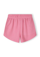 Detail of pink shorts with elasticated waistband and rounded edges.