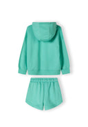 Girls hoodie and shorts set in green, back view, features a hood and elasticated waistband.