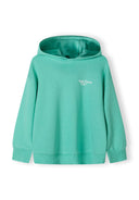 Girls hoodie in green with a printed design, featuring a hood and ribbed cuffs.
