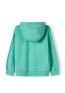 Back view of a girls' green hoodie with a hood and ribbed hem.