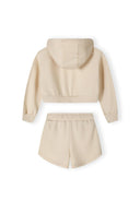 Girls lightweight beige zip-through hoody and shorts set, back view with ribbed cuffs.