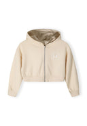 Girls zip-through hoody in beige with front print and ribbed cuffs.