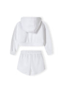 Back view of a girls' white zip-through hoodie with matching shorts, featuring ribbed cuffs and hem.