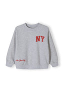 Girls grey crew neck sweatshirt with NY print and ribbed cuffs.