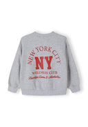 Girls grey crew neck sweatshirt with printed details, back view.