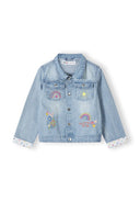 Girls denim jacket in light blue with embroidered details, front view, featuring patch pockets and button fastening.