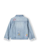 Girls denim jacket in light blue, back view with embroidered details and contrasting cuff lining.
