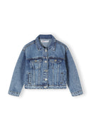 Girls oversized denim jacket in light blue, front view with button closure and two chest pockets.