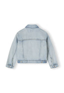 Back view of a girls oversized denim jacket in light blue with a traditional collar and buttoned cuffs.