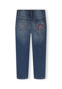 Back view of girls' straight leg jeans in navy with embroidered floral and rainbow details.