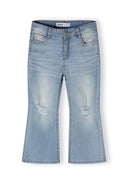 Girls light blue denim flare jeans, front view with distressed details.