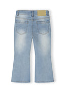 Back view of girls' light blue denim flare jeans with pockets and belt loops.