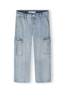 Girls light blue denim cargo jeans, front view, featuring multiple cargo pockets and ribbed ankle cuffs.