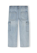 Girls light blue denim cargo jeans, back view with multiple pockets.