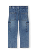 Girls navy denim cargo jeans, back view with multiple pockets.