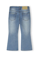 Girls denim flare jeans in light blue, back view with pockets and flared hem.