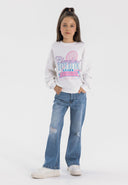 Girls denim flare jeans in light blue with front and back pockets, slight flare from the knee.