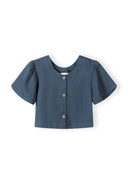 Blue blouse with frill sleeves and button fastening, back cut-out detail.