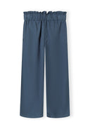 Wide leg trousers with elasticated waistband and side pockets, back view.
