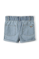 Girls denim shorts, back view, paperbag waist with embroidered detail and pockets.
