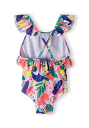 Girls one piece swimsuit, multicoloured, back view with ruffled straps.