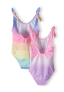 Two girls' one-piece swimsuits in pastel colors with knot details, close-up view.